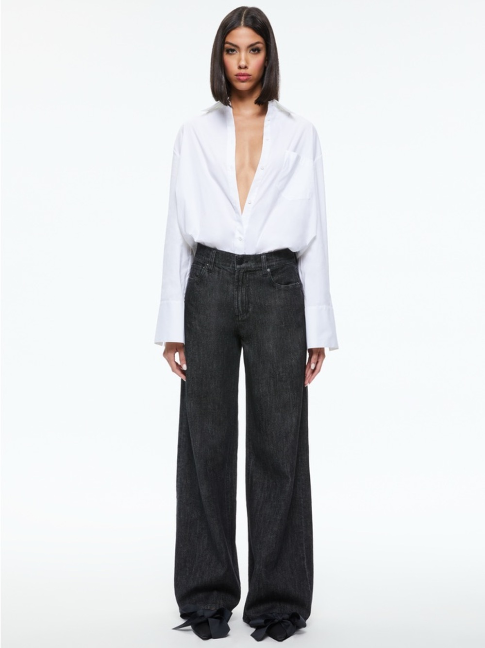 Alice + Olivia Trish Low Rise Baggy Wide Leg Jeans 32 Black Dark Denim Slouchy - Picture 2 of 12